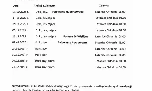 Zdjęcie do Plan Polowań Koła Łowieckiego Albinos na sezon 2026/2027