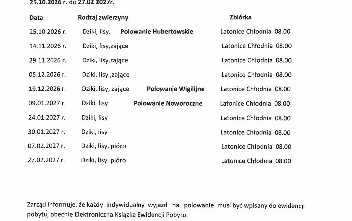 Plan Polowań Koła Łowieckiego Albinos na sezon 2026/2027