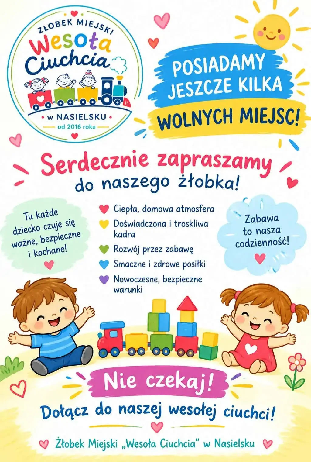 Wolne miejsca w Żłobku Miejskim "Wesoła Ciuchcia"