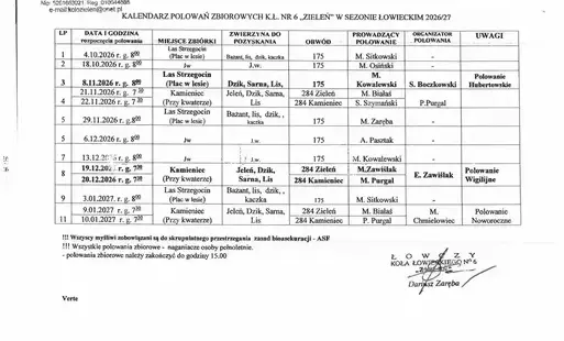 Zdjęcie do Plan polowań zbiorowych w sezonie 2026/2027 Koła Łowieckiego nr 6 "Zieleń" w Ciechanowie