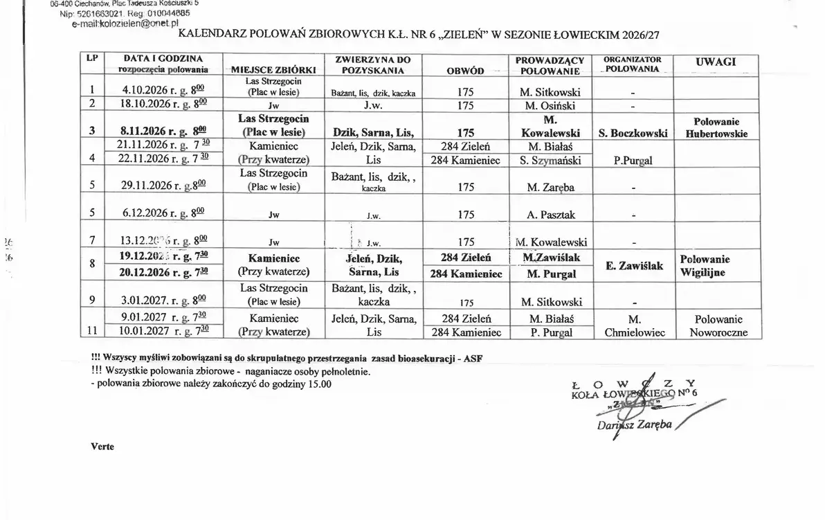 Plan polowań zbiorowych w okresie 2026/2027 Koła Łowieckiego nr 6 "Zieleń" w Ciechanowie