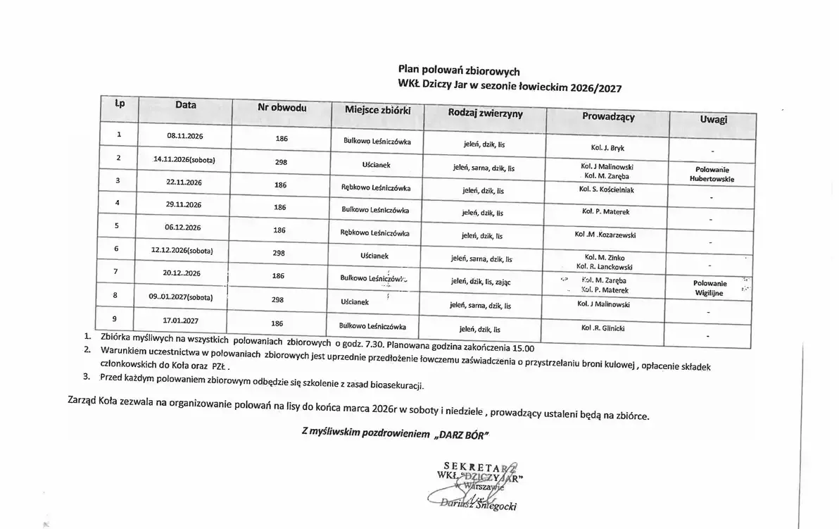 Plan polowań zbiorowych Dziczy Jar w okresie 2026/2027