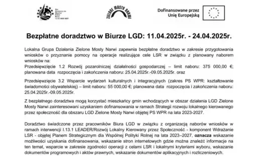 Zdjęcie do Bezpłatne doradztwo w Biurze LGD: 11.04.2025 r.-24.04.2025 r. &ndash; informacja